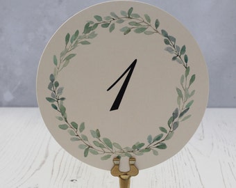 Wedding Table Numbers Cards - Round Wedding Table Numbers - Round Water Color Table Numbers - Green Wreath Table Number