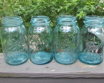 Four Vintage Blue Quart Mason Jars With Zinc Lids - Vintage Wedding Vases/ Candle Lights - Kitchen Storage