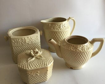 Shabby Chic As found Cream Tea Set and Pitcher Vase Planters Objects for Display Neutral Decayed Naturally Aged Floral Relief Textured