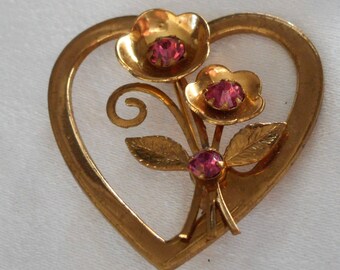 VINTAGE Gold Metal Heart & Pink Rhinestone Flower Costume Jewelry Brooch