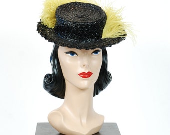Vintage 1940s Tilt Hat - Jaunty Black Cellophane 40s Tilt Topper with Huge Chartreuse Feather