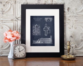 Westminster Abbey cathedral blueprint art, architectural drawing, london art print, architectural wall decor, london gifts for her