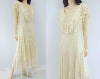 Flapper Wedding Dress Boho Wedding Dress 80s Wedding Dress Lace Wedding Dress Tea Length Wedding Downton Abbey Dress Handkerchief Hem L