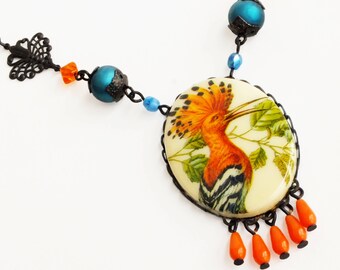 Bird Cameo Necklace Large Vintage Bird Pendant Necklace Orange Hoopoe Jewelry Summer Statement Jewelry