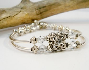 Women's Double Strand Silver Bracelet, Rhinestone Bracelet, Cuff Bracelet, Swarovski Crystal Bracelet, Silver bracelet, Handmade Jewelry