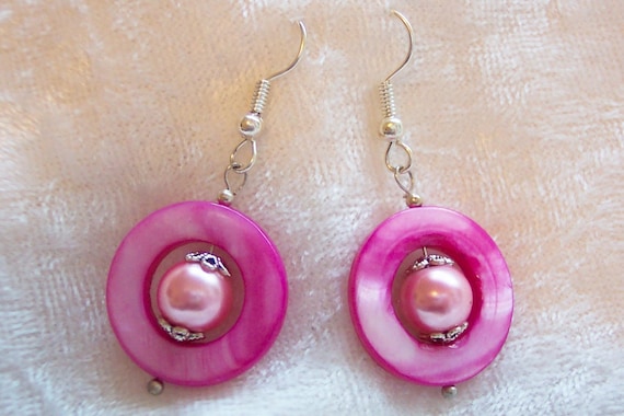 Pink Earrings Pink Mother Of Pearl Donut Earrings Pink Glass