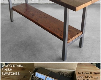 Urban Wood Goods table with shelf. Buy a Finish/stain sample kit here to see them in person. Custom orders turnaround 4-5 weeks.