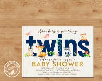 Navy Woodland Twins Baby Shower Invitation. Baby Shower Invite. Printable, Expecting Twins Baby Shower. Digital Invitation, 0499