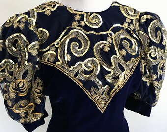 Vintage 1980s Jessica McClintock Dress // 80s Prom Dress // Long Blue Velvet Gold Sequin Puff Sleeves Train // Size Small Medium