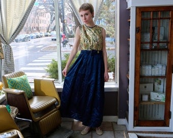 Free Shipping!: Vintage Floor Length Multicolor Gold and Navy Blue Evening Gown Dress