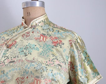 vintage satin brocade cheongsam top - Chinese brocade blouse / pale gold satin top - ladies Chinese blouse / 60s satin brocade top