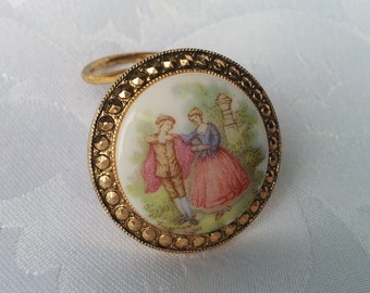 Vintage Limoges Fragonard Milk Glass Scarf Clip West Germany - Courting Couple