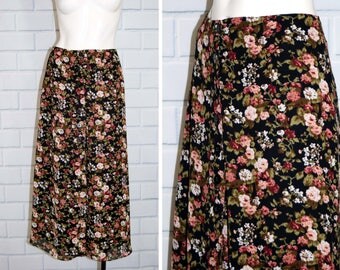 Vintage EXPRESS 90's Micro Floral Print Skirt / Button Down Gauzy Maxi Skirt / Size 9/10