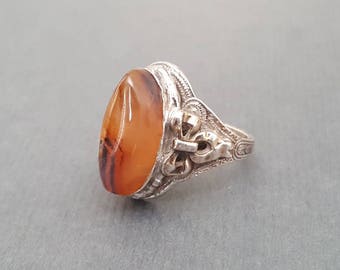 10k Sterling Art Deco Montana Agate Ring Clark & Coombs Size 5.25