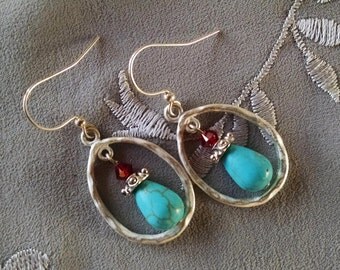 Silver hoop turquoise earrings, Brushed silver hoop earrings with turquoise teardrops red crystal