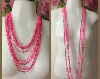1960's Pretty Pink Long Lucite Wrap Around Multi Strand Beaded Necklace