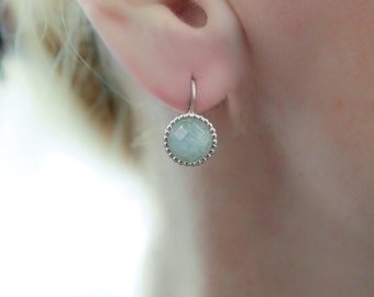 Aquamarine Earrings, Blue Silver Drop Earring, March Birthstone Earrings, Aquamarine Jewelry, Moss Aquamarine Gemstone, Round Blue Earrings
