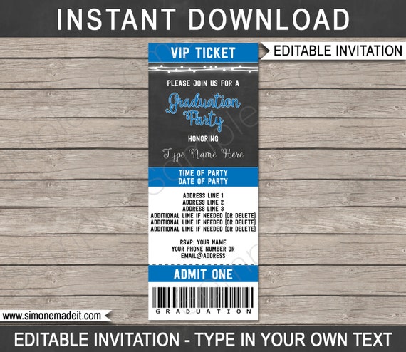 graduation party ticket invitation template blue