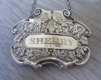 Vintage Sterling Silver Engraved Sherry Decanter Tag/Label