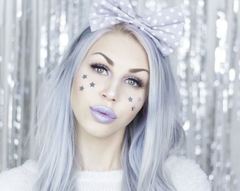 Light Grey With White Polka Dot Oversized Bow Headband - Pastel
