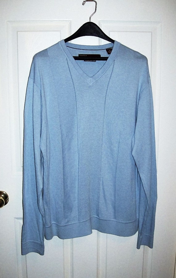 Vintage Men's Light Blue V Neck Sweater by Perry Ellis