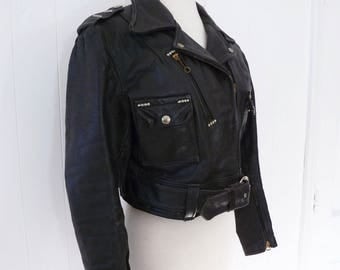 50's Women's Harley Davidson Cycle Queen Leather Motorcycle Jacket Cropped Studded Belted Black Genuine Steerhide Coat L