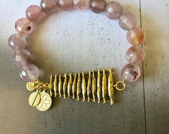 Pink Beaded Gemstone Stretch Bracelet with Gold Charms - Stack Bracelets - Boho Chic