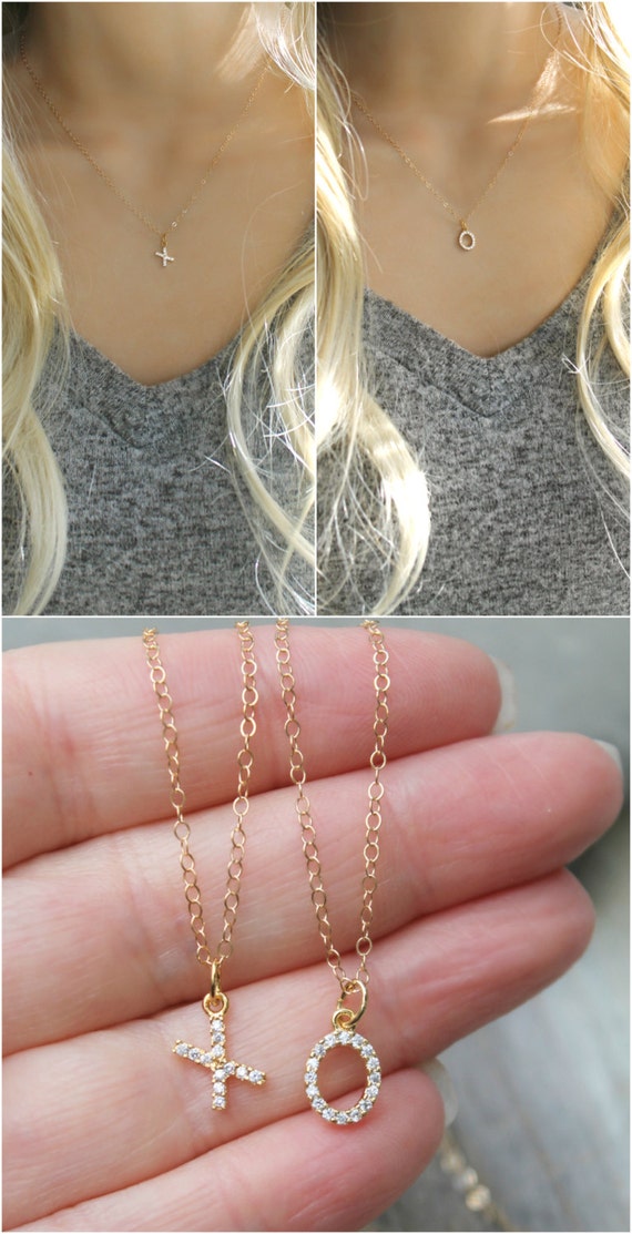 XO set of two 2 Necklaces 14k gold filled X O cubic