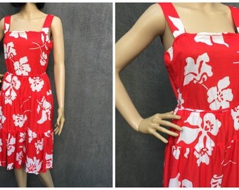 Vintage Hawaiian Halter Dress - Red with White Hibiscus Women's Size 6 - 8