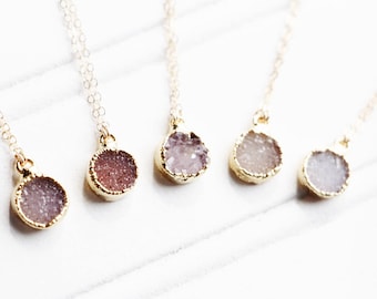 Tiny Amethyst Druzy Necklace, Round Druzy Pendant, Drusy, Gold Necklace, Minimalist, Gemstone Necklace, Layering Necklace, Boho Necklace
