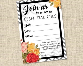 Essential Oils Class Printable Invitation 3.5x5 DIY Chevron Roses