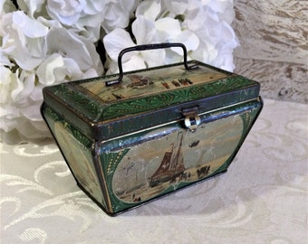 Antique Tea Tin, Dutch Boats Ships, Vintage Tin Box, John Huiner Holland Java Tea Tin