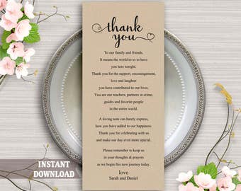 Printable Thank You Place Card, Wedding Thank You Card Template, Table Sign, Instant Download Editable Card, Heart Script Thank You Card DIY