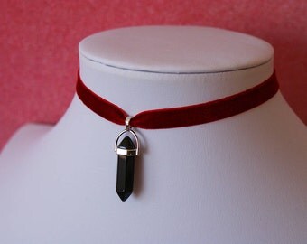 Black Onyx Velvet Choker Crystal Necklace | Natural Quartz Crystal Stone Pendant Charm Choker Necklace | Choose Color Velvet