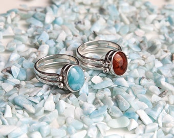 Larimar Amber Ring, Double Sided Ring, Woman Reversible Ring, See Available Sizes, Larimar Ring, Amber Jewelry
