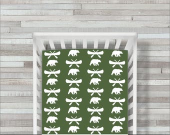 CoolSpool Bear Crib Sheet, Adventure Crib Sheet, Woodland Crib Bedding, Rustic Crib Sheets, Fitted Crib Sheet, Crib Bedding, Green