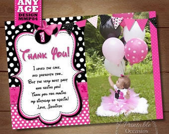 Minnie Mouse THANK YOU CARD with Photo, Minnie Thank You Card Note, Minnie Mouse Printable Thank You matches Birthday Invitation, Pink