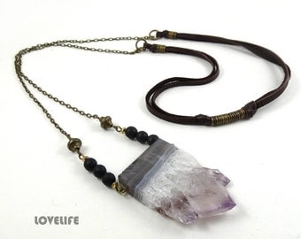 Raw Quartz Necklace Long Layered Raw Crystal Necklace Large Crystal Raw Amethyst Jewelry Natural Stone Pendant Leather Gypsy Boho Jewelry