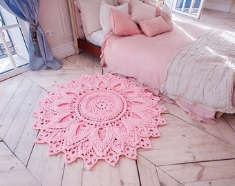 Pink crochet rug, round area rug (55 in), doily rug, yarn lace mat, nursery carpet, girl's room floor decor by LaceMats "LaceElvenFlower"