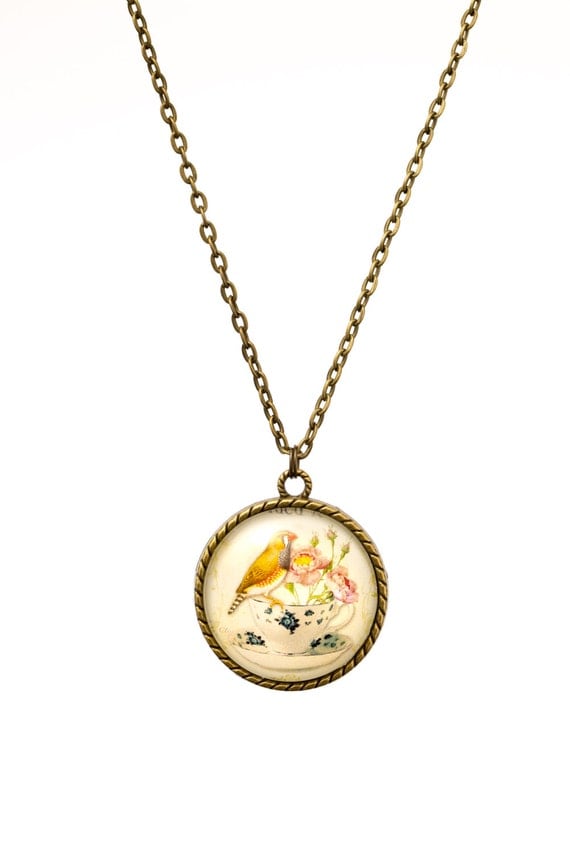 FREE SHIPPING - **NEW** Bird And Teacup 30mm Bronze Lace Necklace - Unique - Vintage - Gorgeous Gift - Love