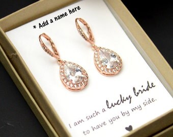 Blush Bridal Earrings Bridesmaid Gift Wedding Earrings Bridal Jewelry Rose Gold clear white cubic zirconia Crystal tear drop Wedding Earring