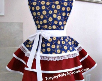 Apron number 4026 - Nautical print over burgundy layered retro hostess apron