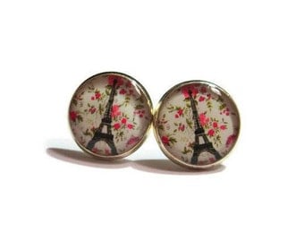 EIFFEL TOWER EARRINGS - French Earrings - Paris Jewelry - pink flowers earrings - Paris Love - Paris Earrings - Travel Gift - French Gift