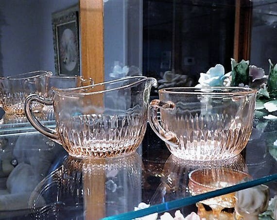 Pink Depression Glass 1930s Sugar Bowl Creamer Set Old Colony Lace Edge Vintage Kitchen Decor Cottage Home Wedding Table Decoration House