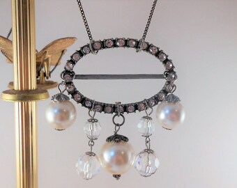 Found Object Statement Necklace - Recycled Vintage Jewelry - Pearl Necklace