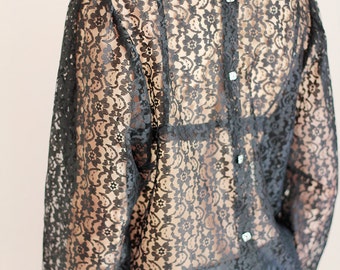 SALE Black Lace Blouse size s/m, Stevie Nicks style, Sheer shirt