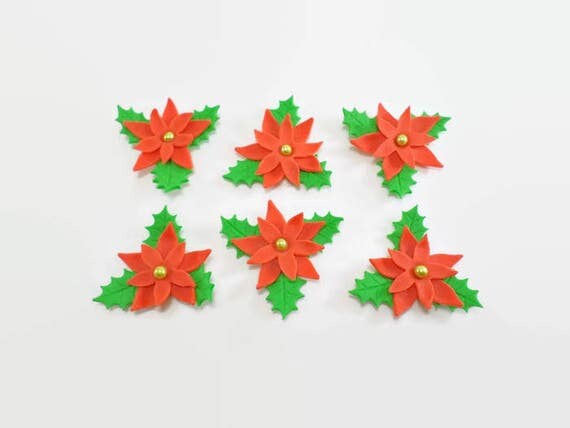 Christmas Flowers Edible Poinsettia Cupcake Fondant Toppers Cake 