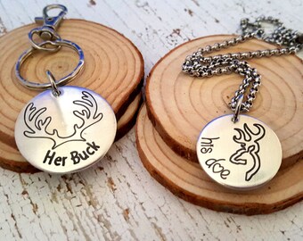 Couples Engraved Key Chain and Necklace | Her Buck Key Chain and His Doe Necklace