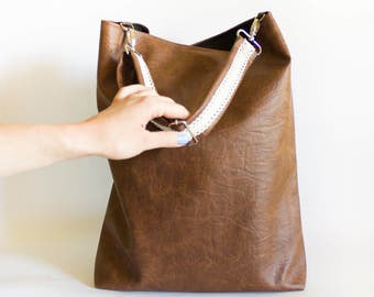 Brown Tote Bag, Large Tote Bag, Brown Hobo Bag, Brown Shoulder Bag, Vegan leather Bag, Brown Handbag, Lace Tote bag, Faux leather bag