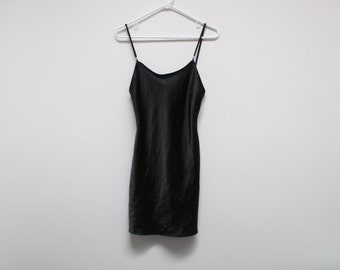 90's Black Satin Clueless Bead Detail Mini Slip Dress